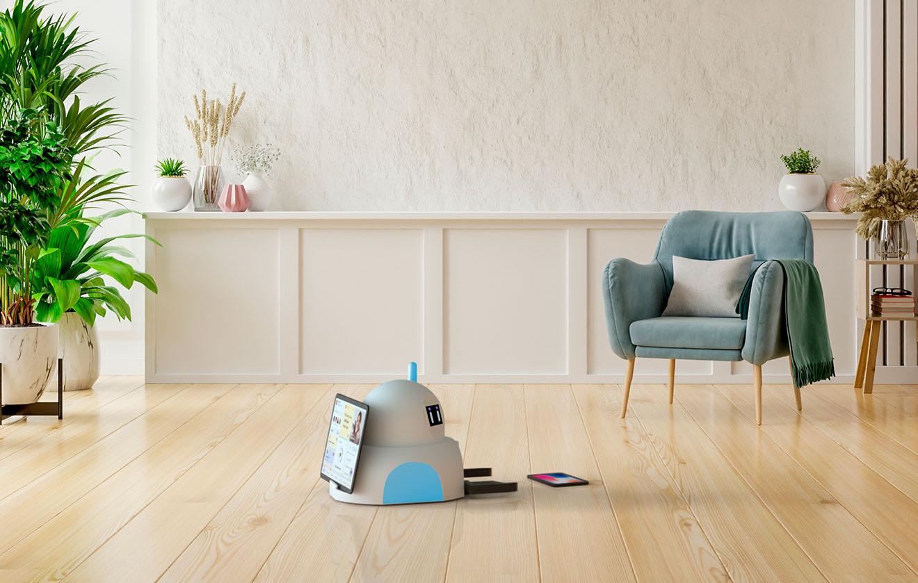 A small assistive robot with a screen on the floor in a living room. 