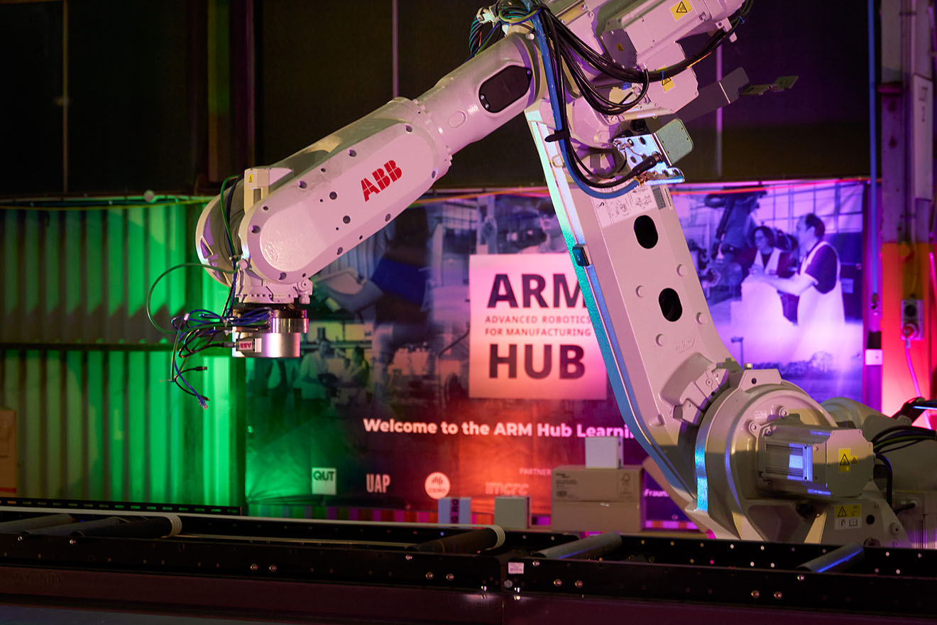 A robotic arm at the Advanced Robotics for Manufacturing Hub demonstrating potential applications of robotics in industry. 