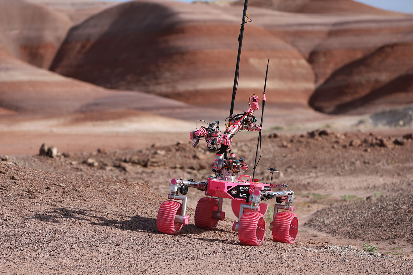 A small pink four-wheeled rover robot in a rocky desert landscape. 