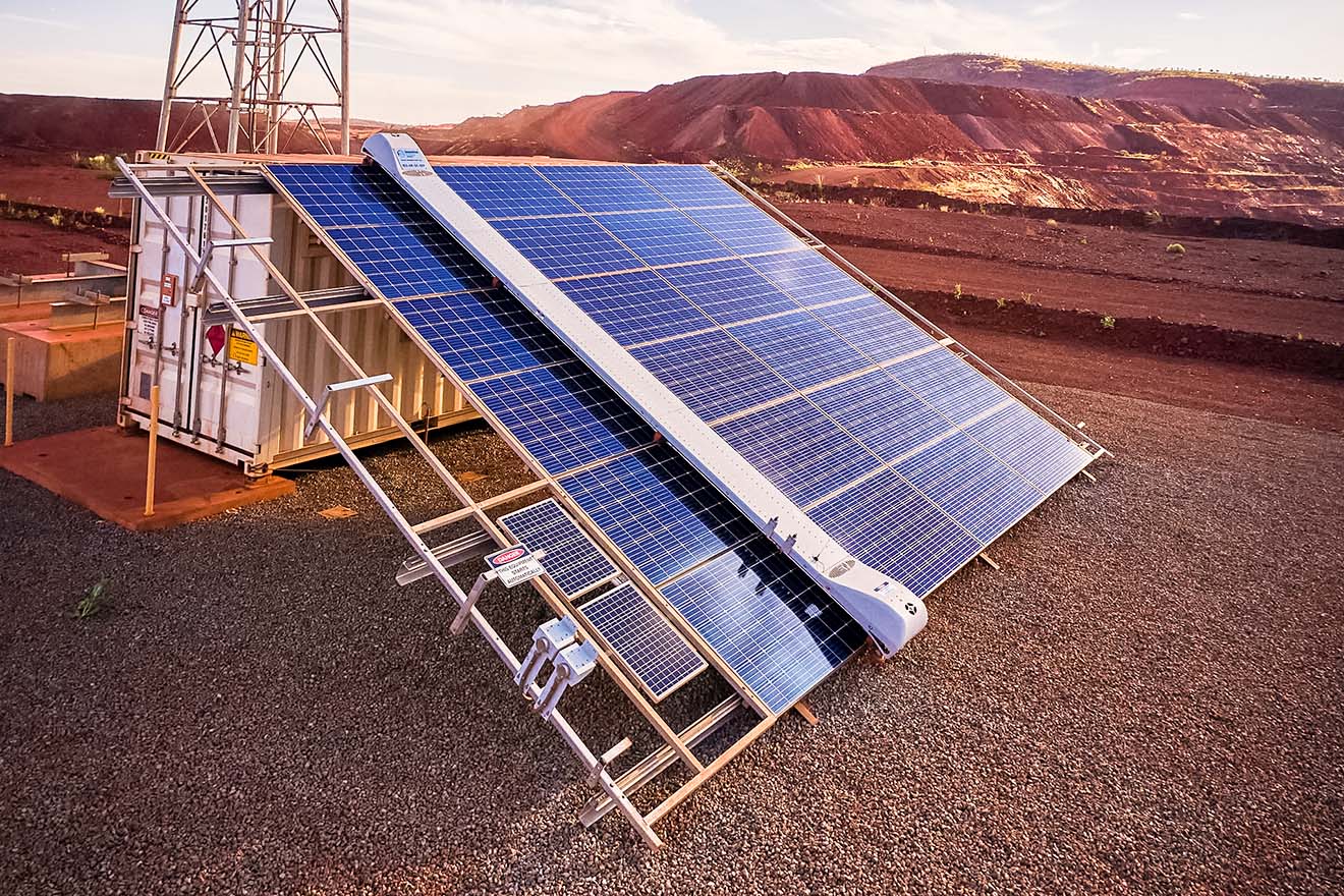 An autonomous solar cleaning robot clearing dust build-up from solar panels. 