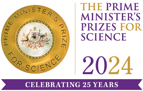 The Australian Government Prime Minister’s Prizes for Science 2024 logo and medallion. Celebrating 25 years