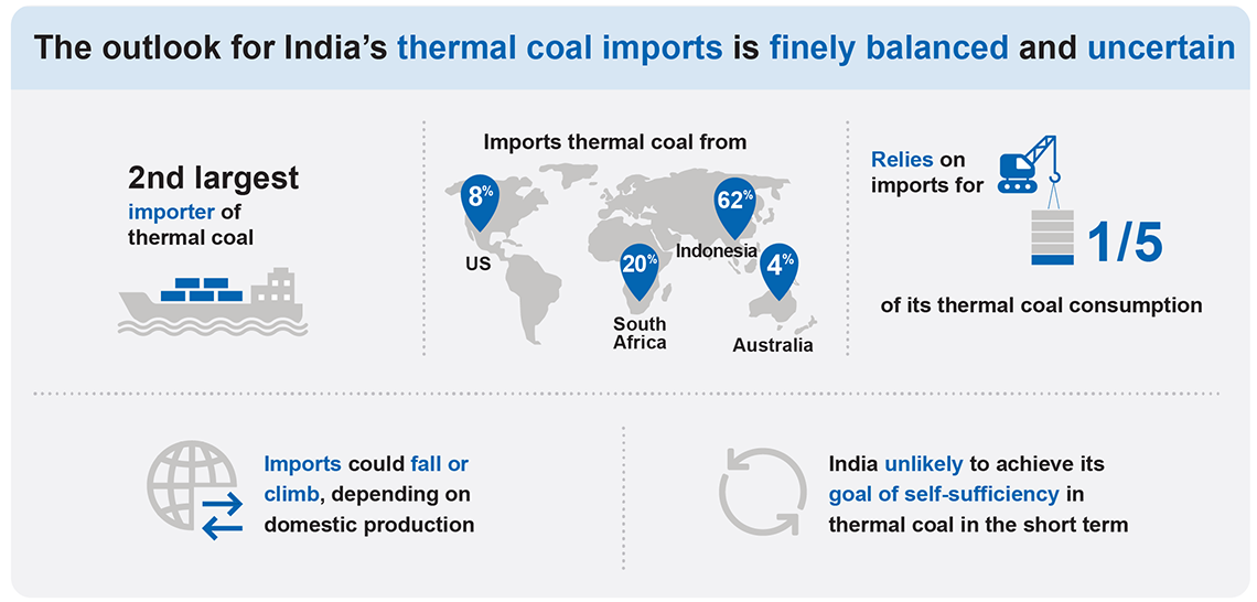 The outlook for India’s thermal coal imports is finely balanced and uncertain. India is the second largest importer of thermal coal, and relies on imports for around one fifth of its thermal coal consumption. Imports could fall or climb, depending on domestic production, but is unlikely to achieve its goal of self-sufficiency in the short term.