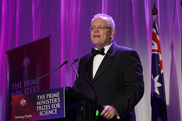 Photo of Prime Minister Scott Morrison on stage at the award ceremony.