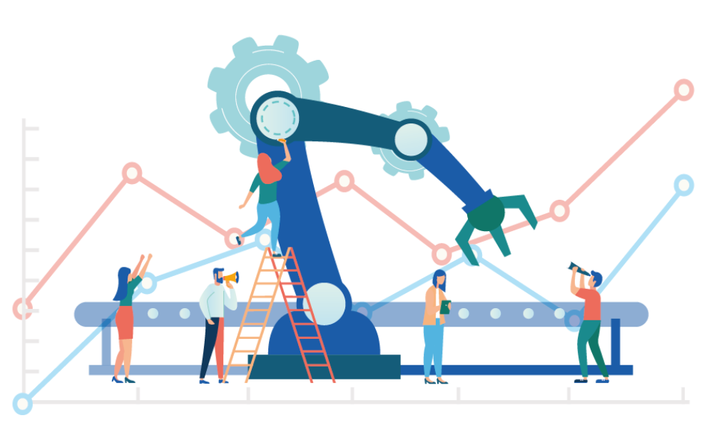 Image of production line machine overlaid with line charts of increasing trend.