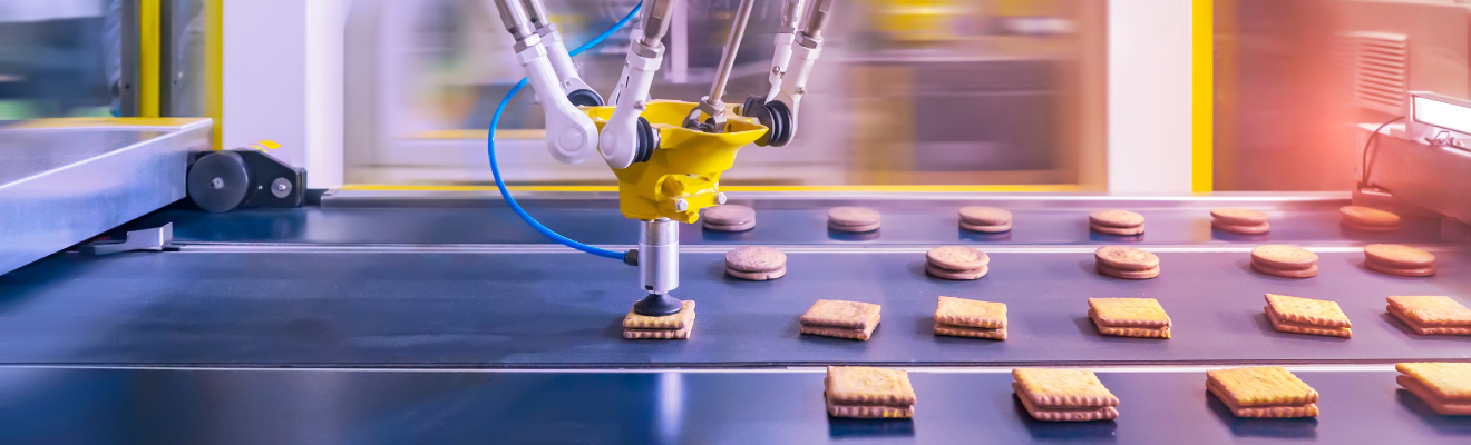 food on conveyer belt featuring robotic manufacturing technology 