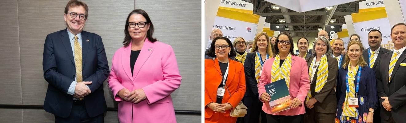 Photo composite shows our 2 ministers smiling and a group photo at the conference. Our minister is holding Geoscience Australia’s report on critical minerals.