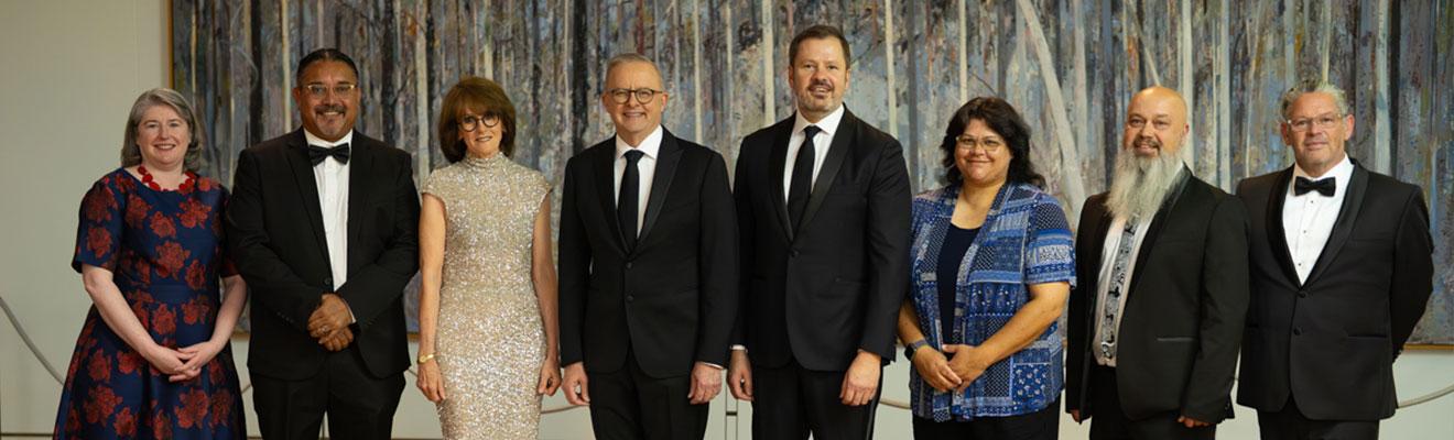 Official photo of First Nations leaders with our Secretary, Chief Scientist, Prime Minister and Minister at Parliament House.