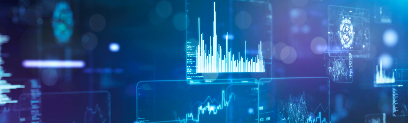 Abstract depictions of data in blue and purple.