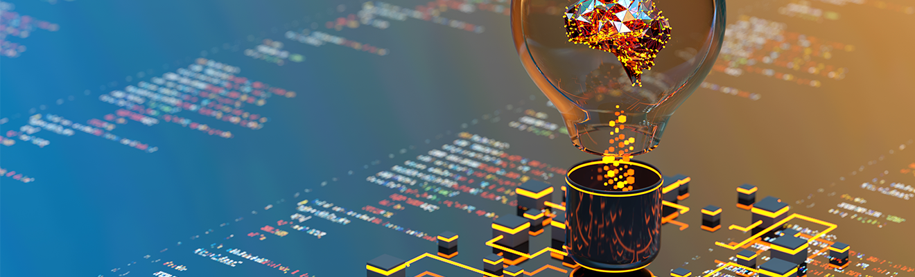 Illustration of a light globe, computer circuity and code.