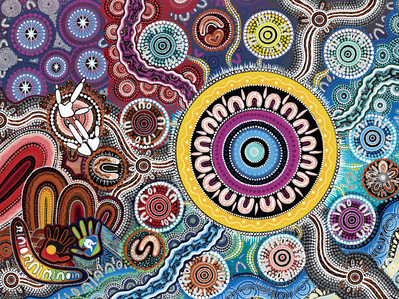 A colourful artwork by Chern’ee Sutton in the style of Aboriginal dot art. 