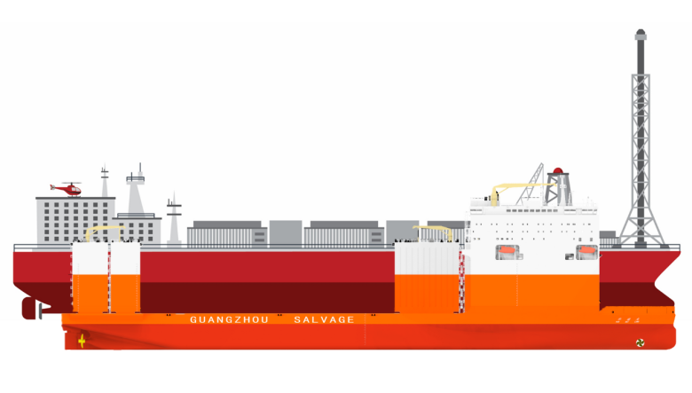 Illustration of the Northern Endeavour FPSO loaded onto the semi-submersible heavy lift vessel, the Hua Rui Long