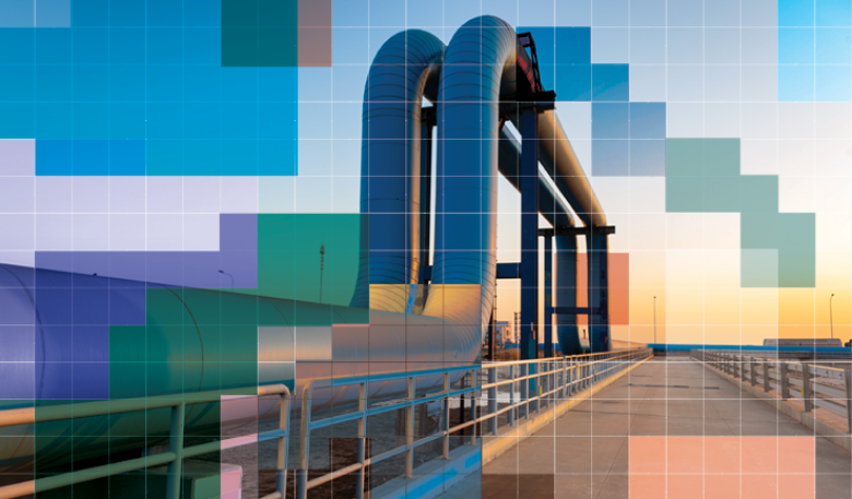 Image of blue pipes going to an oil refinery with a decorative watermark.