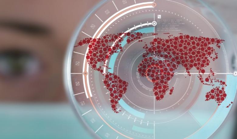 Map of the world made of dots, overlaid on a measurement device