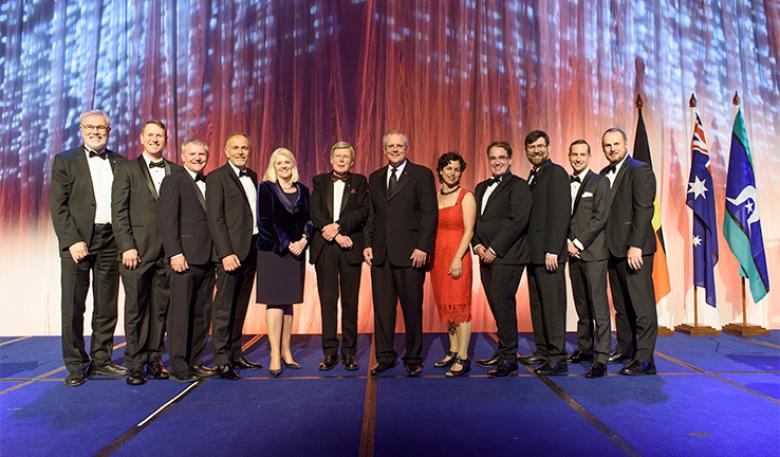 2018 PM Prize winners on stage with Prime Minister Scott Morrison and Minister Karen Andrews