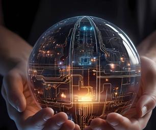 Hands holding a see through globe with circuitry inside