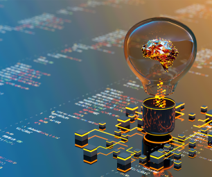 Illustration of a light globe, computer circuity and code.