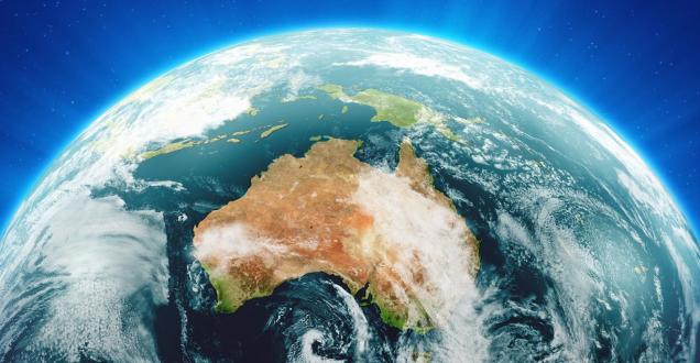 Photo of Earth from space showing Australia with swirling atmosphere