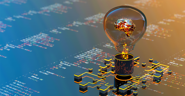 Illustration of a light globe, computer circuity and code.