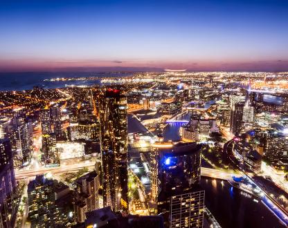 Melbourne city skyline lit up at night