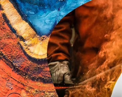 Composite photo shows overhead view of mining activities in the desert and a manufacturing process for green metal.